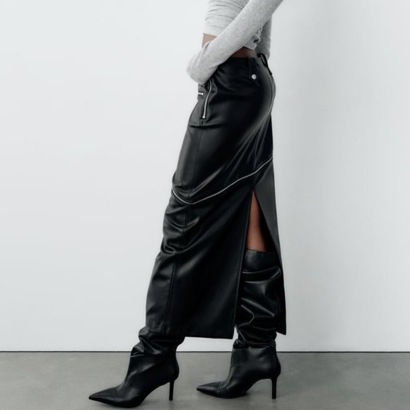 NWT 2 IN 1 DETACHABLE FAUX LEATHER MIDI BLACK SKIRT - Picture 6 of 15